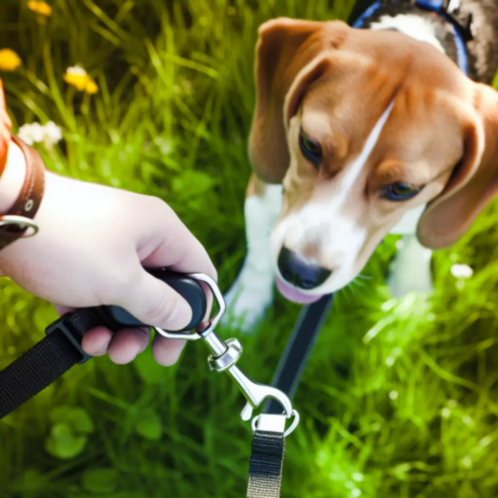 Beagle z obrożą i smyczą