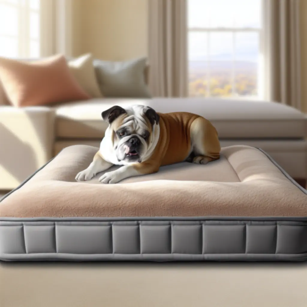 Bulldog na ortopedycznym łóżku