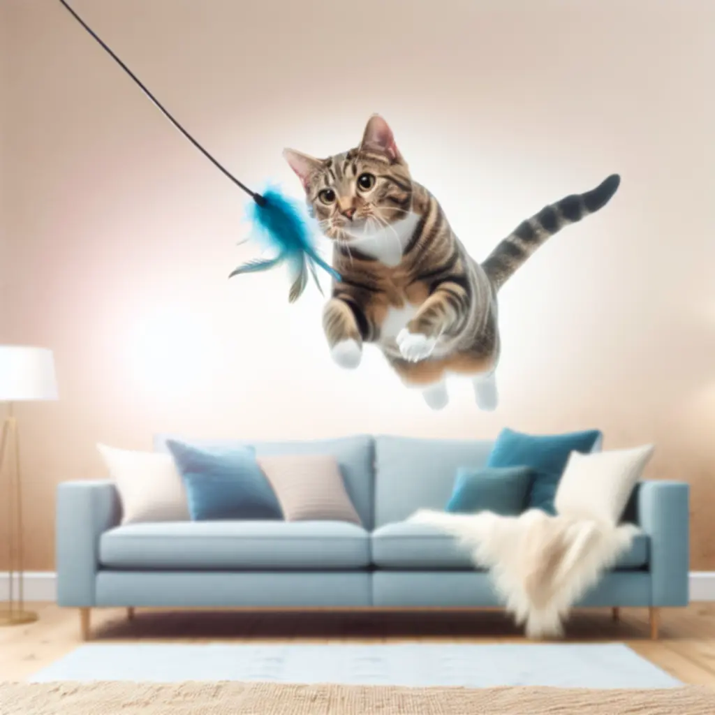 Energetic tabby cat chasing a feather toy