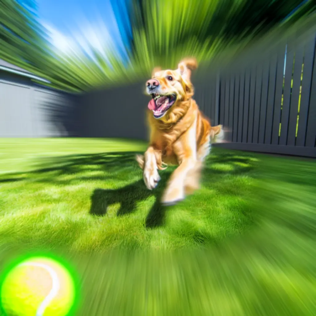 Golden retriever fetching a tennis ball