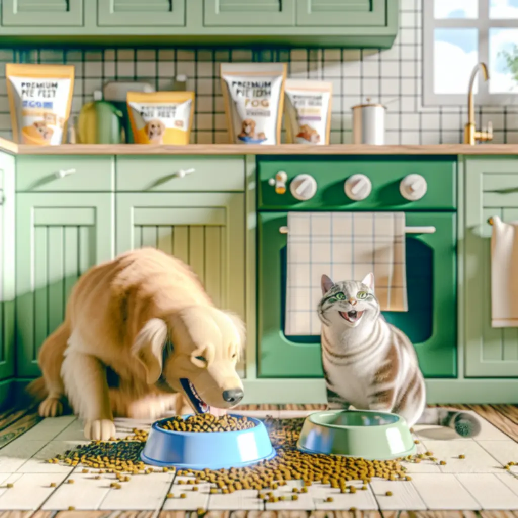 Happy pets eating premium food