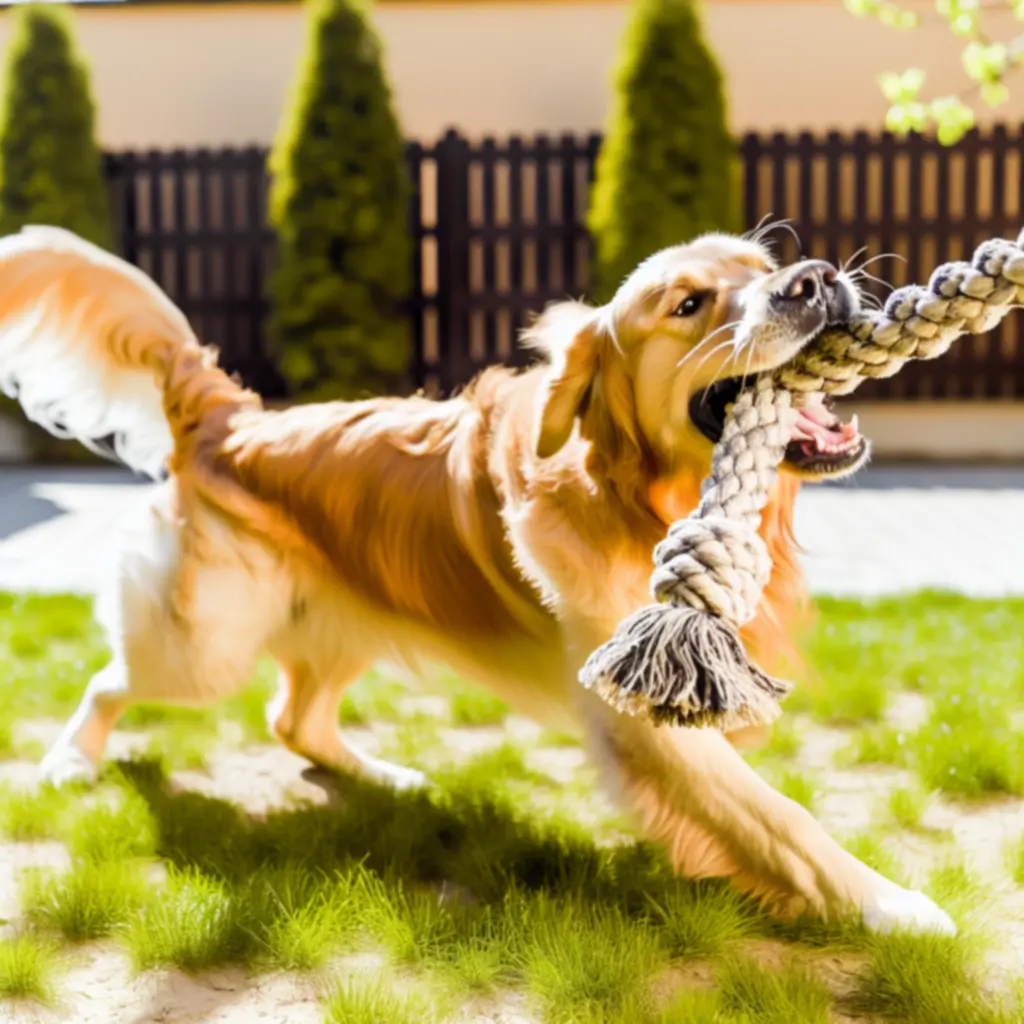 Joyful golden retriever playing with a rope toy