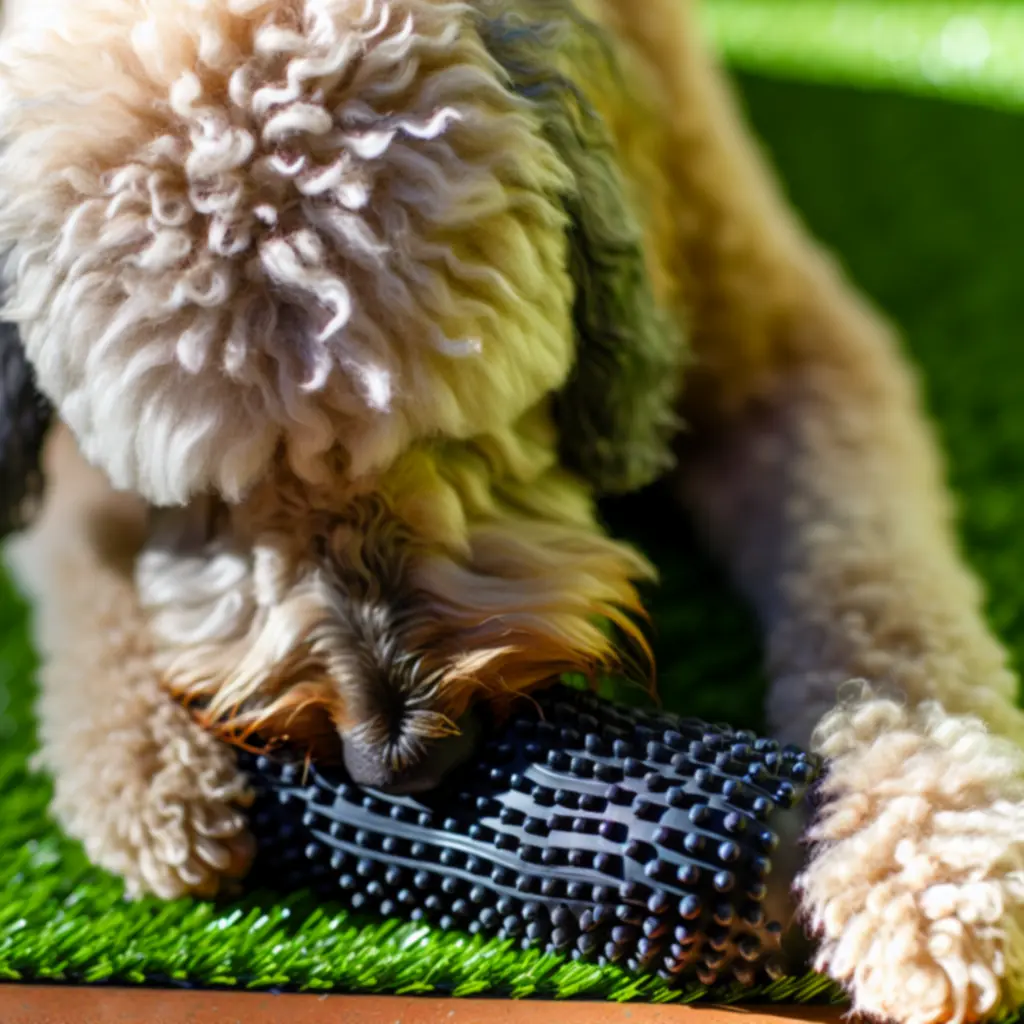 Labradoodle gnawing a rubber chew toy