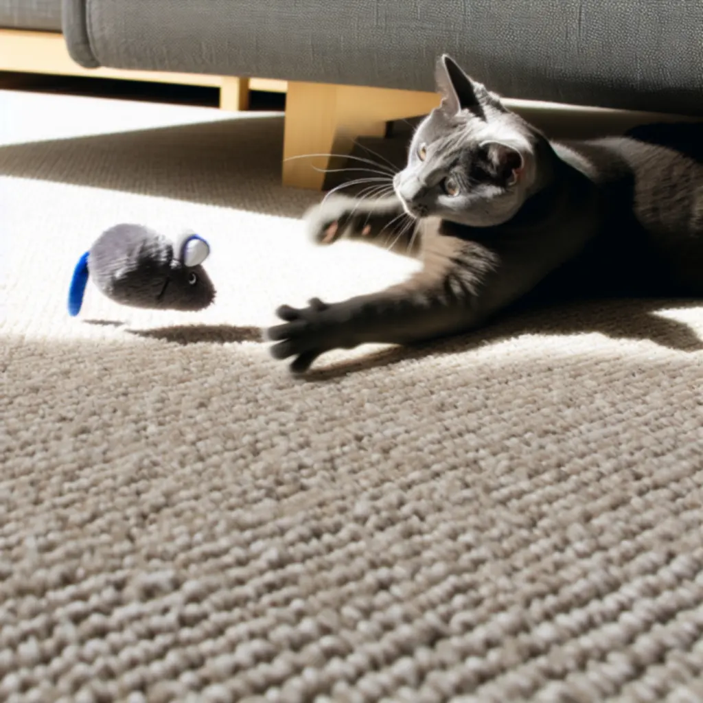 Playful cat batting a plush mouse