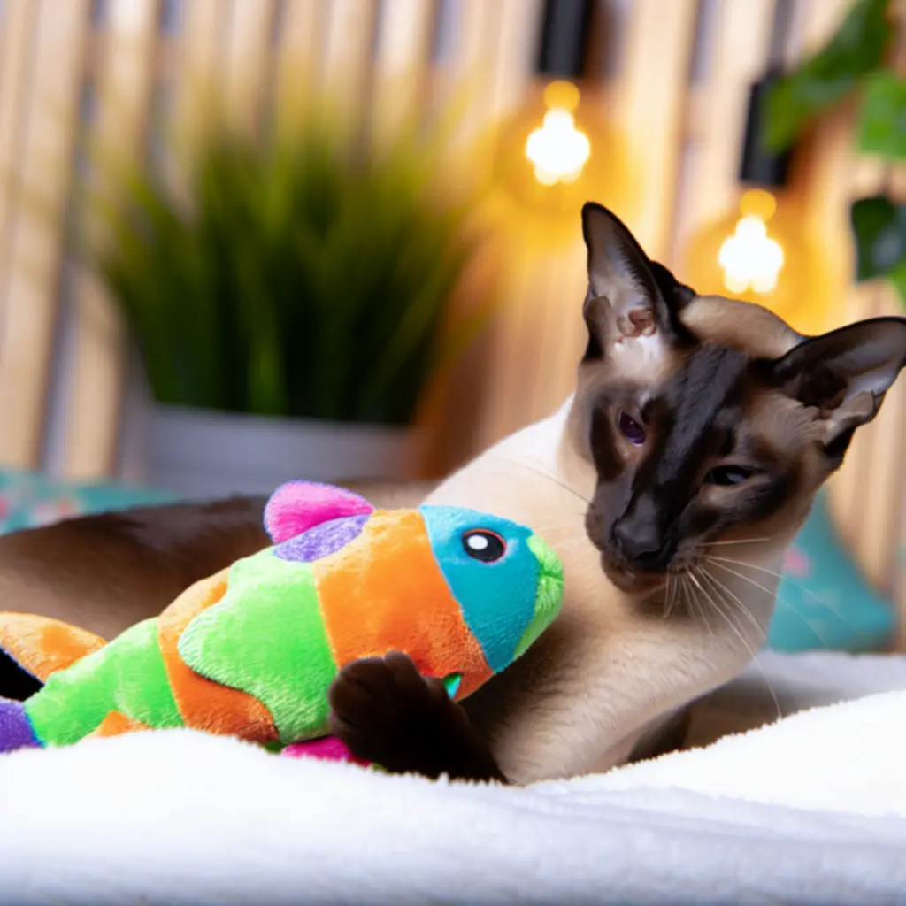 Siamese cat nuzzling a plush fish toy